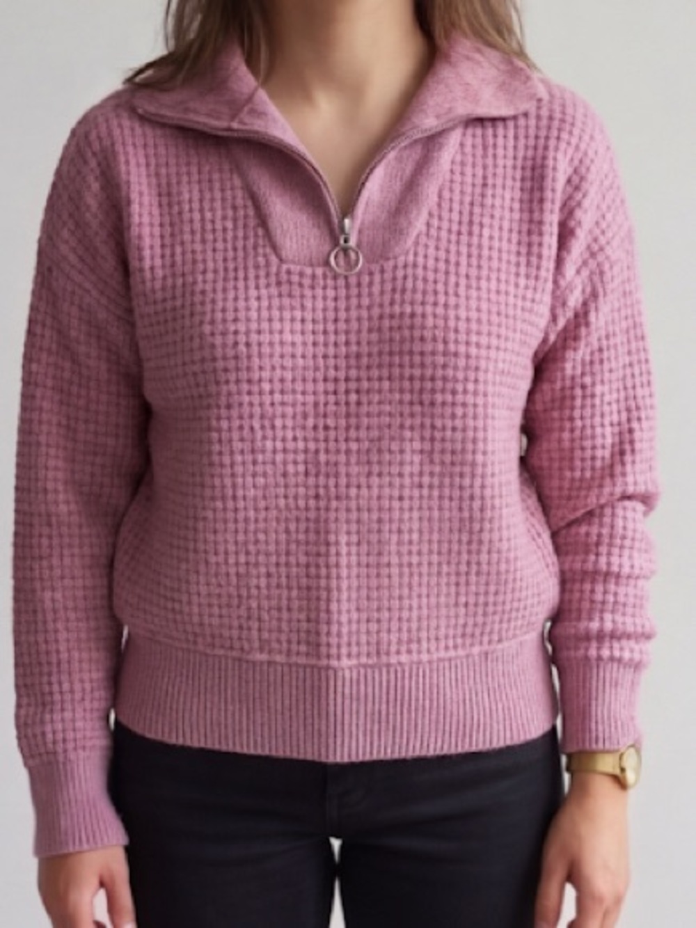 NY & CO- Waffle-Knit Half-Zip Pullover Sweater in Dusty Rose